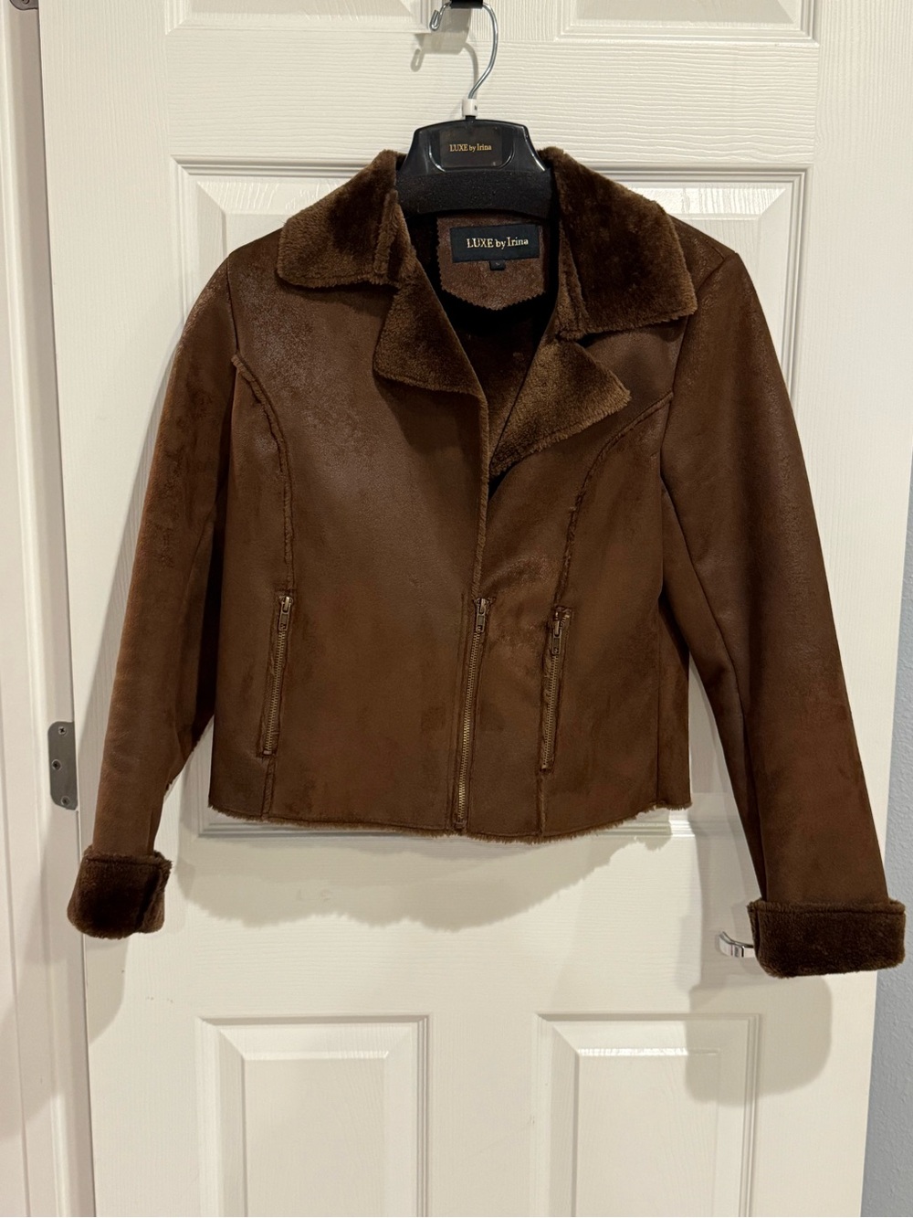 LUXE by Irina Brown Faux Suede Cropped Jacket Soft Collar Boho Small